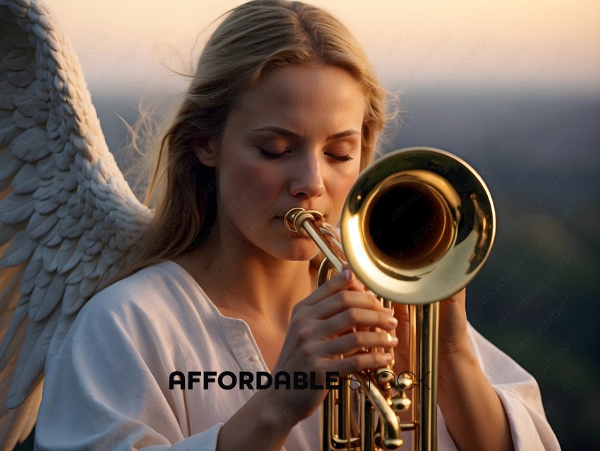 A blonde woman playing a brass instrument