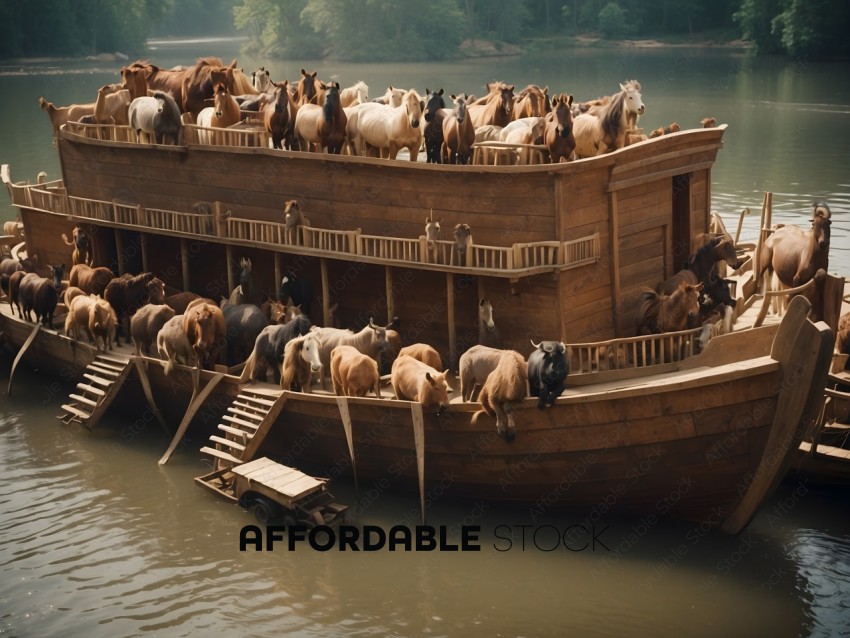 A large wooden boat filled with horses