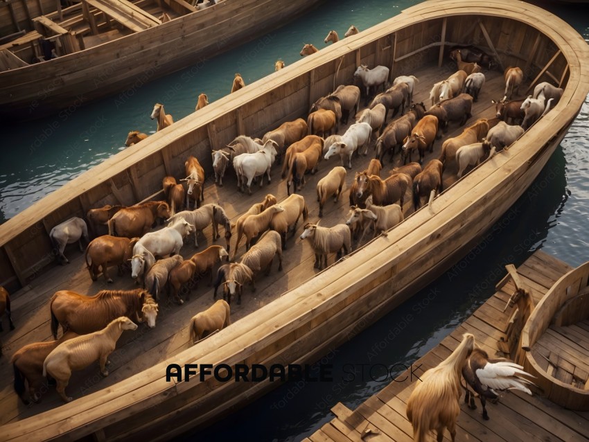 Horses in a boat on a river