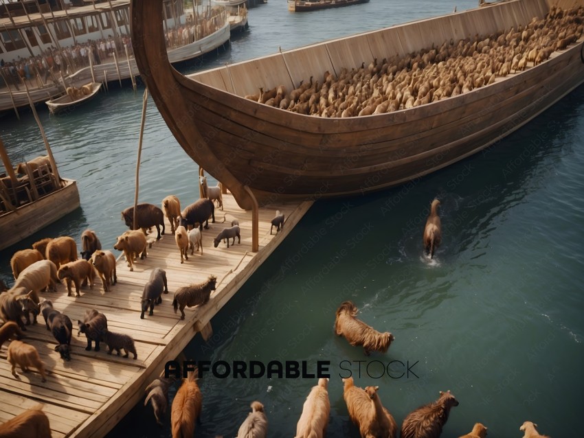 A herd of animals walking on a dock