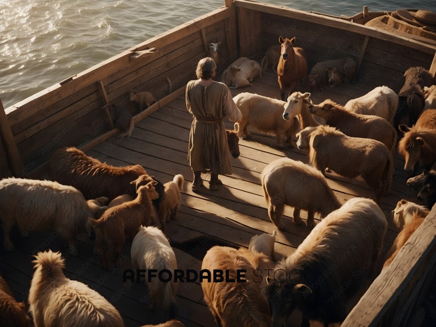 Man standing on a boat with a herd of animals