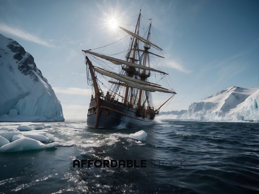 A large wooden ship with three masts sails through the ice