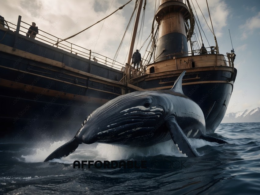 A whale swims in front of a large ship
