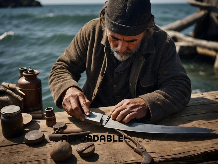 A man is sharpening a knife on a wooden table