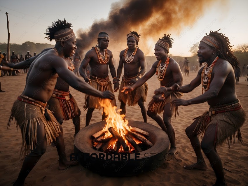 African tribe gathers around a fire pit