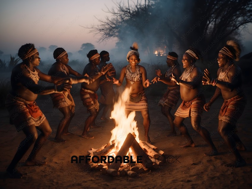 A group of African people dancing around a fire