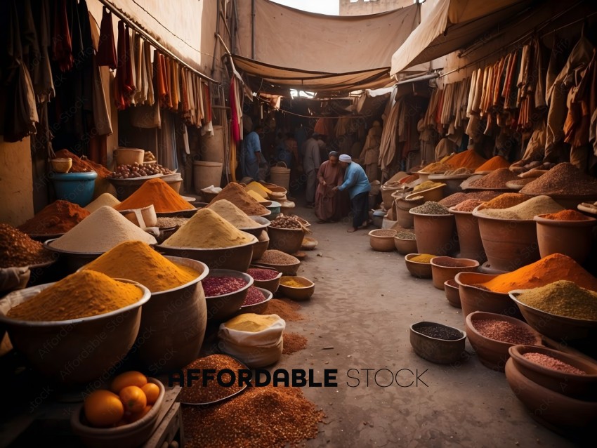 A marketplace with a variety of spices and herbs