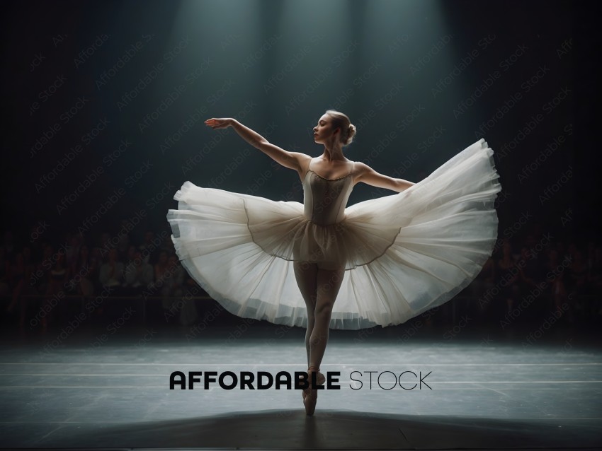 A Ballerina in a White Dress Dances on a Stage