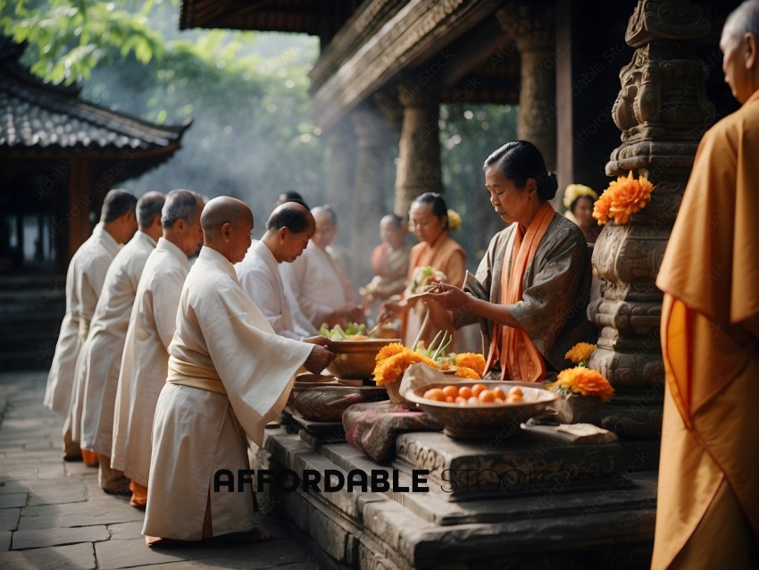 A group of people in a temple, preparing food
