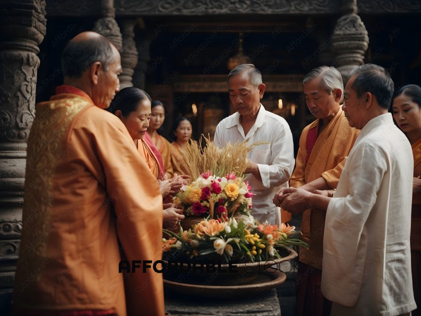 Buddhist monks and nuns gather around a flower arrangement