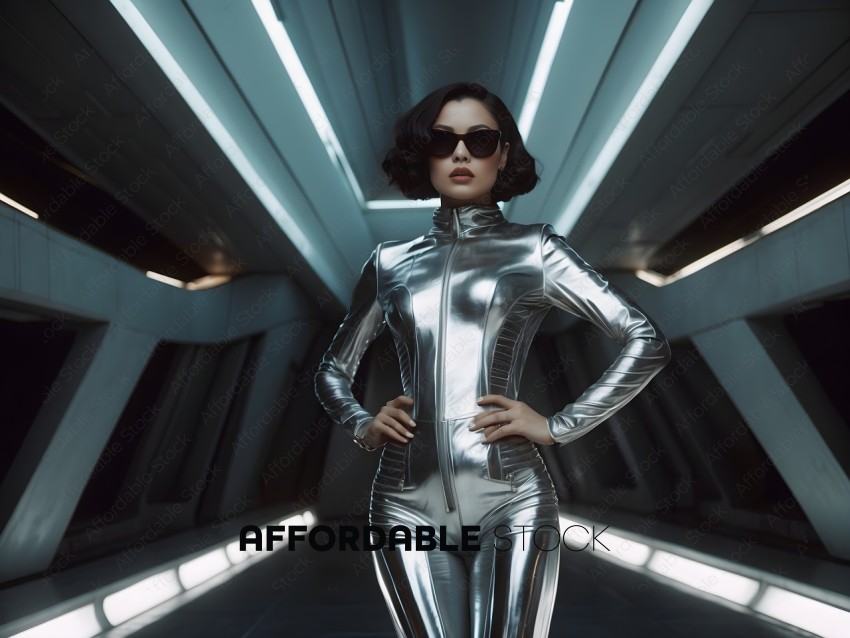 A woman in a silver bodysuit poses for a picture