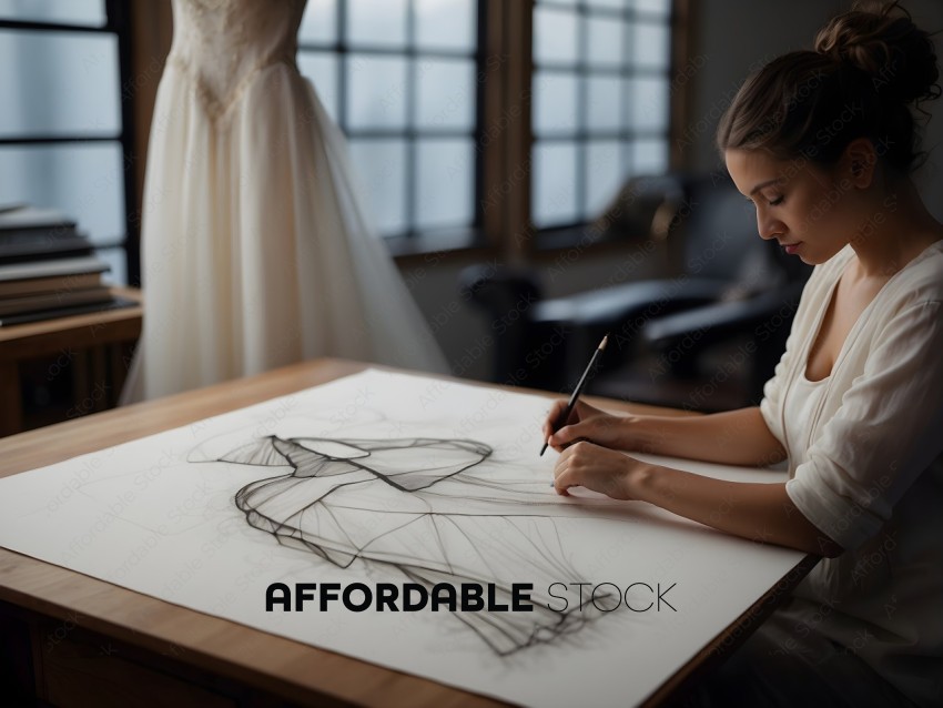 A woman drawing a dress on a piece of paper