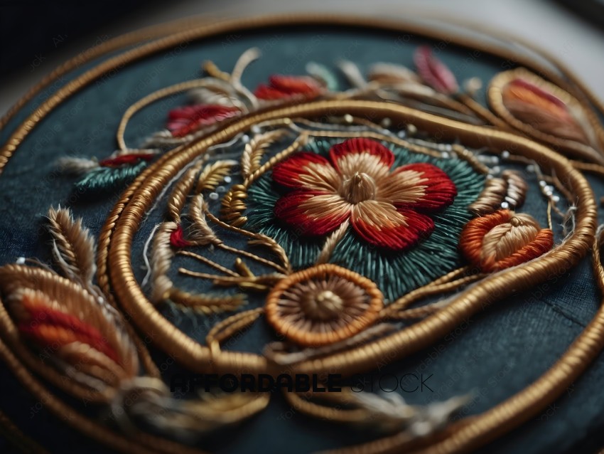 A close up of a beautifully embroidered piece of fabric with a flower design