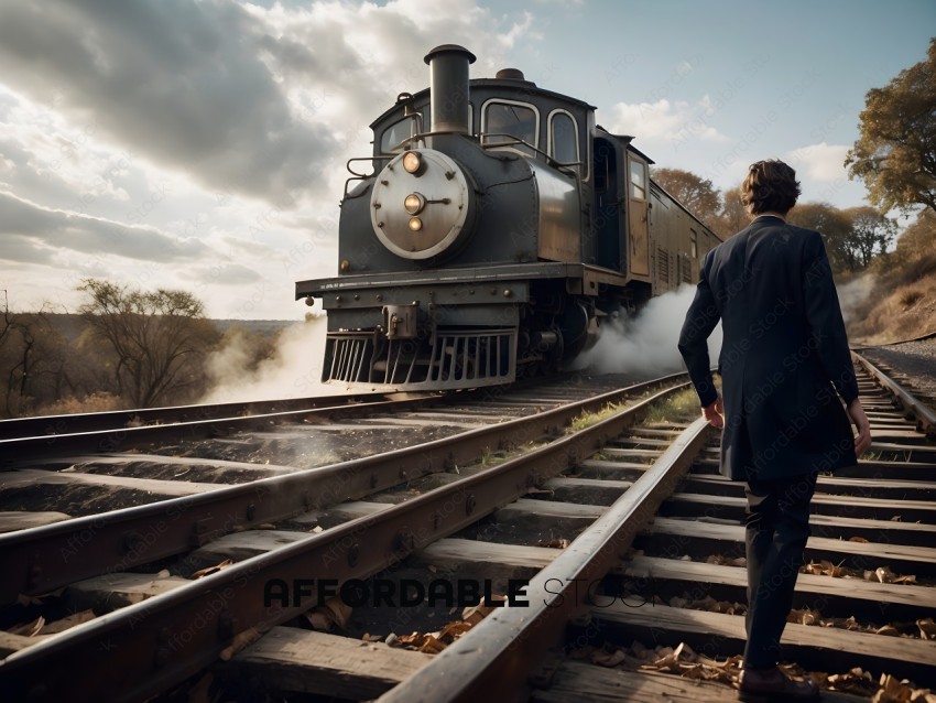 A man walking away from a train