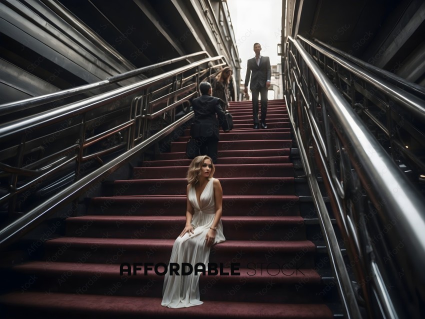 A woman in a white dress sits on the stairs