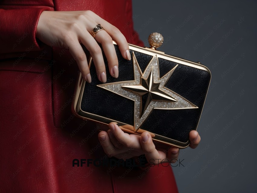 A woman in a red coat holding a gold and black clutch purse