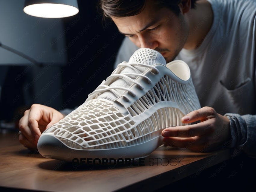 Man examining a white shoe with a mesh pattern