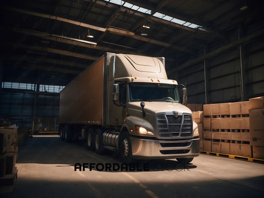 A large semi truck is parked in a warehouse