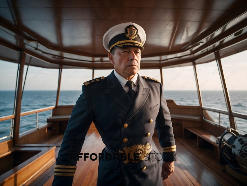 A man in a military uniform standing on a boat