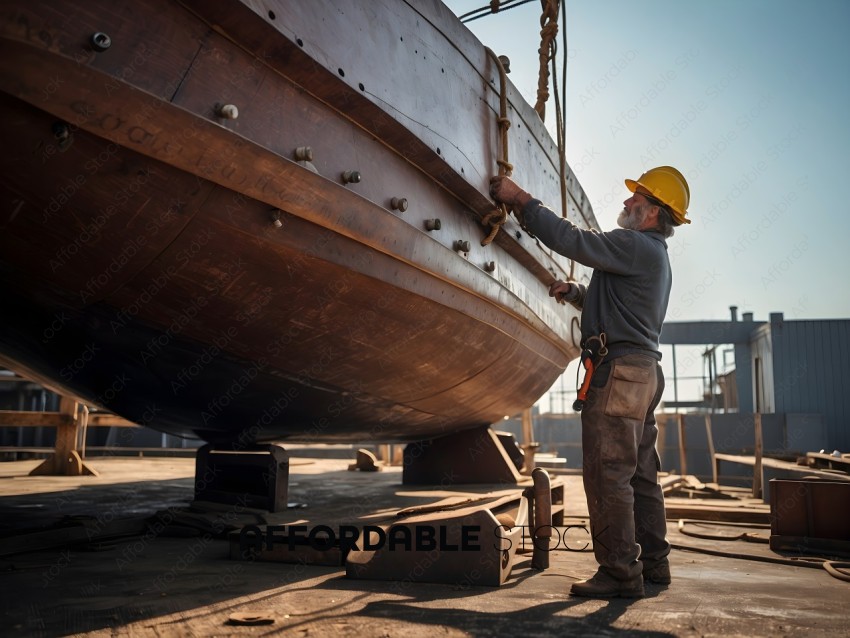 A man working on a large wooden boat