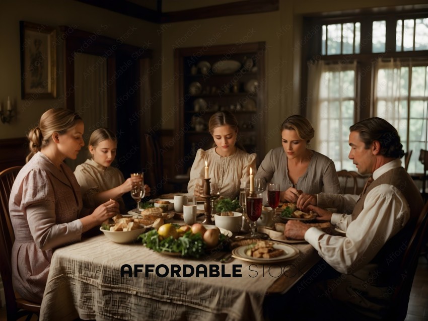 A family of six sitting at a table with food and drinks