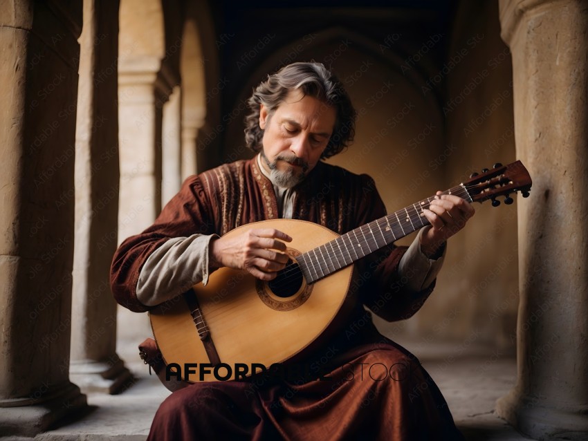 A man in a brown robe playing a guitar