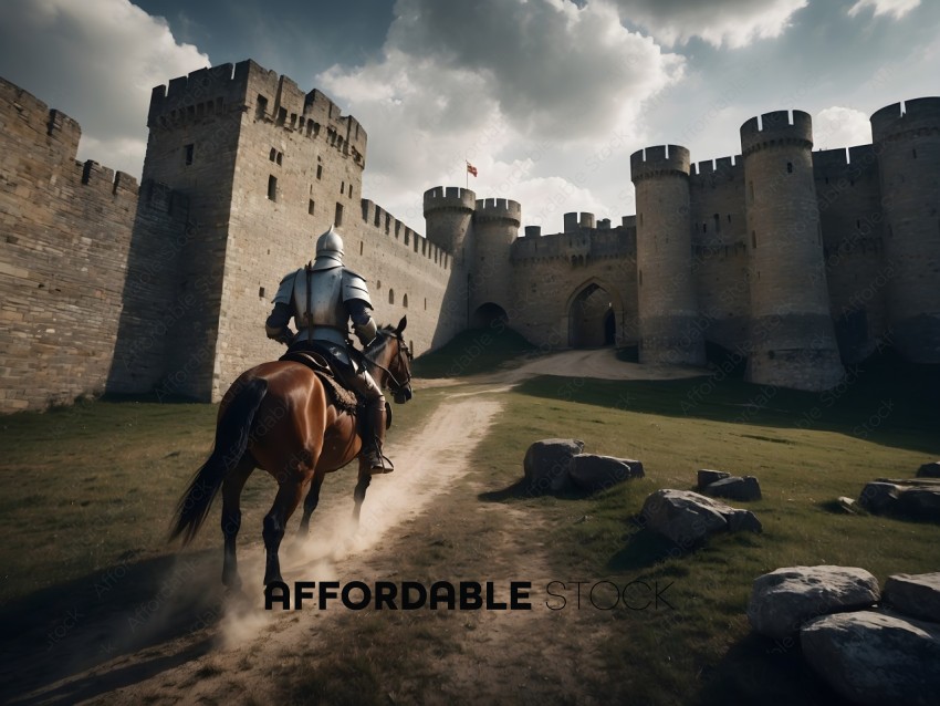 Knight on horseback riding through a castle courtyard