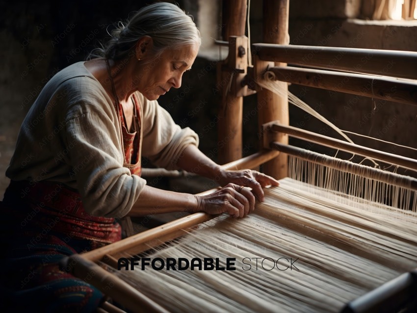 An elderly woman weaving with a wooden loom