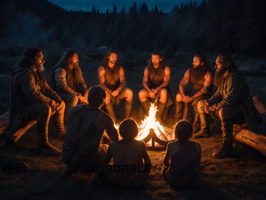 A group of men and boys sit around a fire