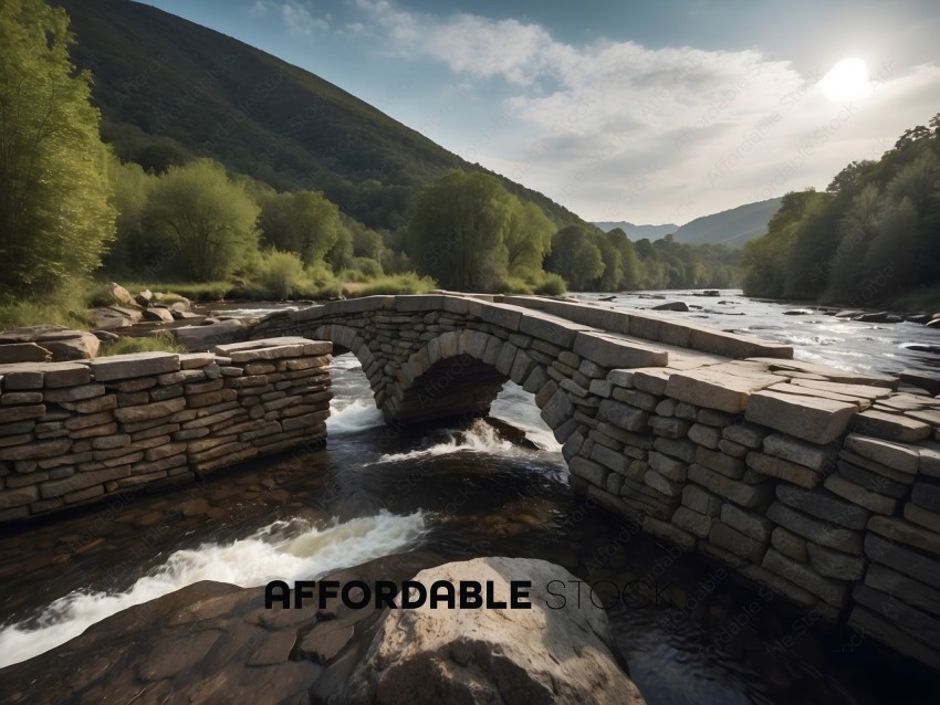 A bridge over a river with a rock wall