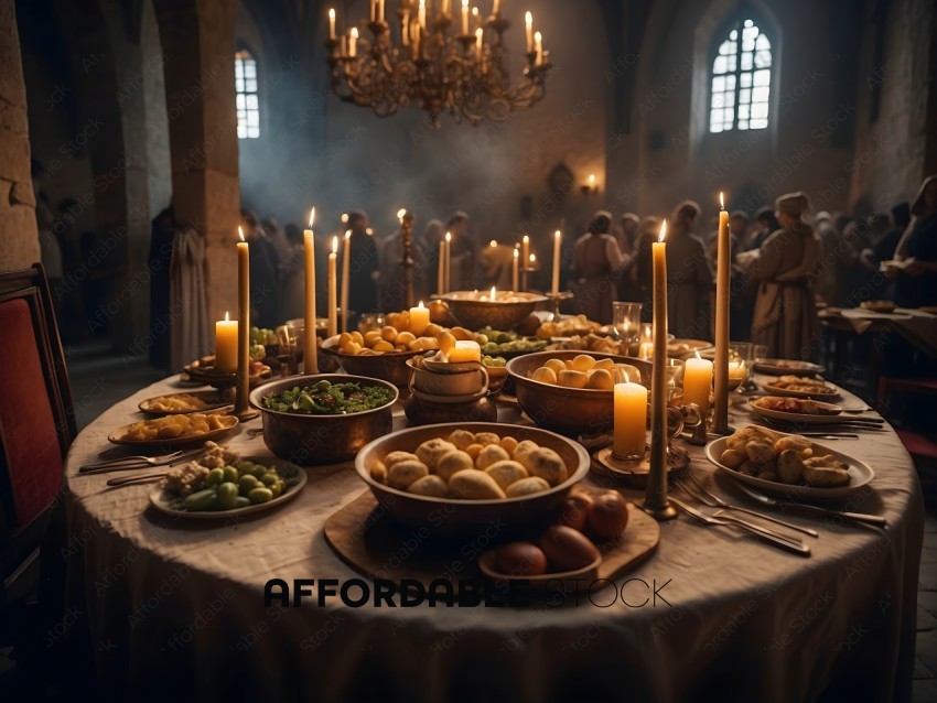 A table full of food and candles