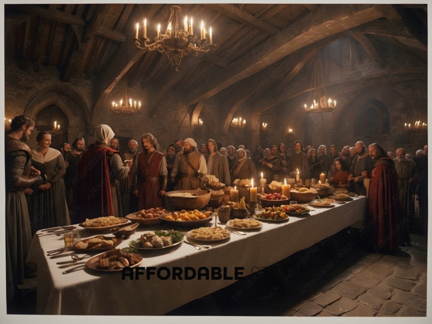 A medieval feast with a long table full of food