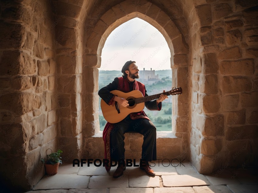 A man playing guitar in a stone room with a view of the countryside