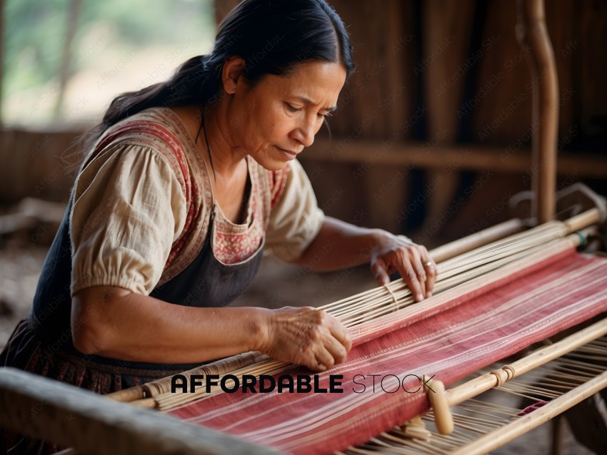 A woman wearing a brown apron is working on a loom