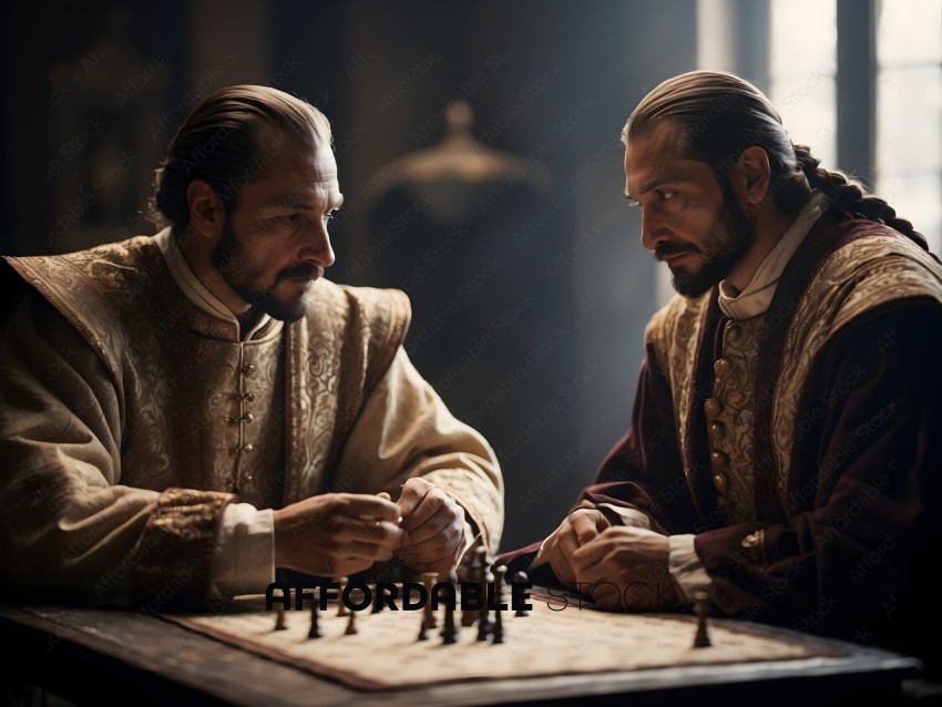 Two men in period costumes play chess