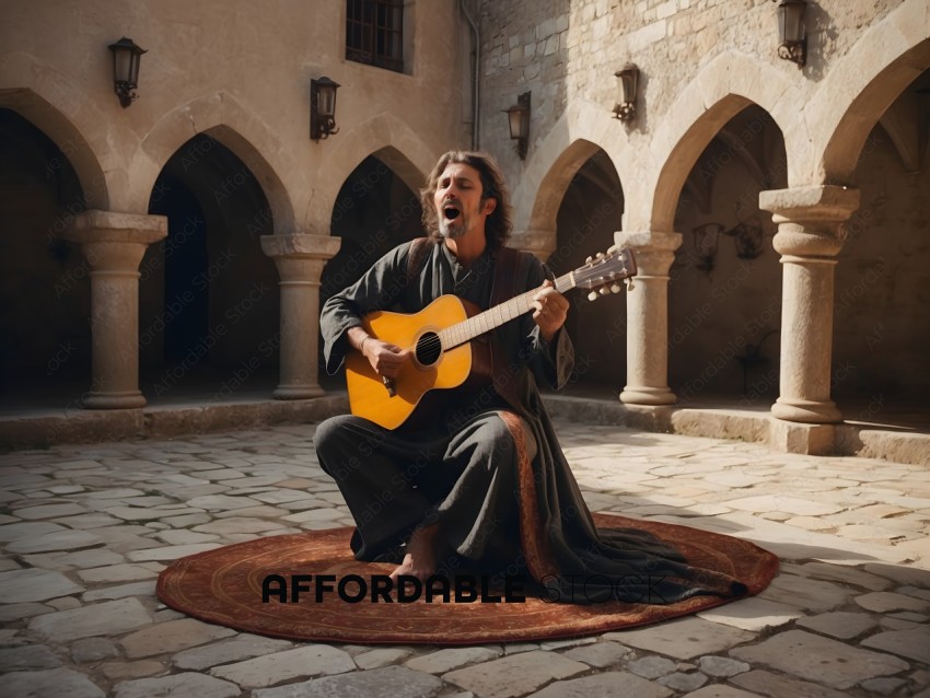 A man in a robe playing a guitar