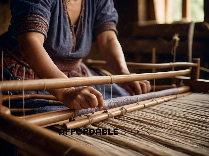 A woman wearing a blue dress is weaving