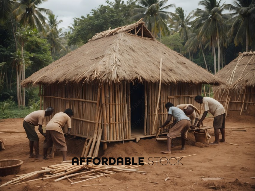 Men working on a hut made of sticks