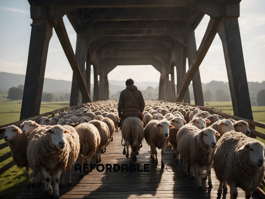 A man herds sheep on a bridge