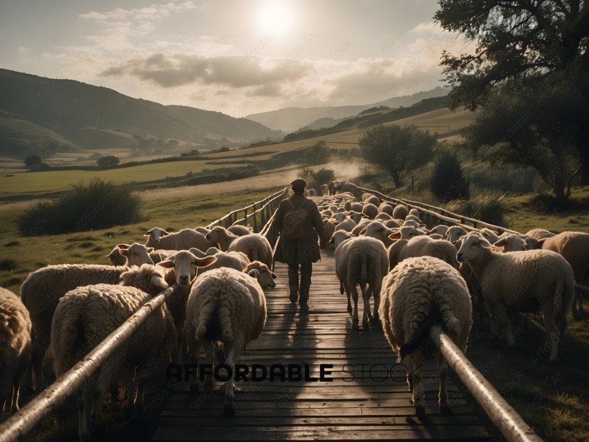 A man walking through a herd of sheep on a bridge