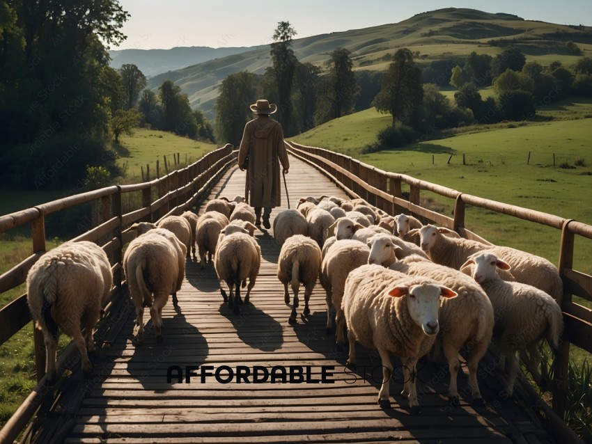 Shepherd leading his flock across a bridge