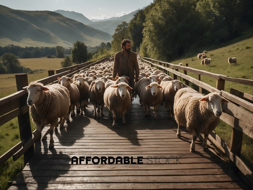 Man herding sheep on a wooden bridge
