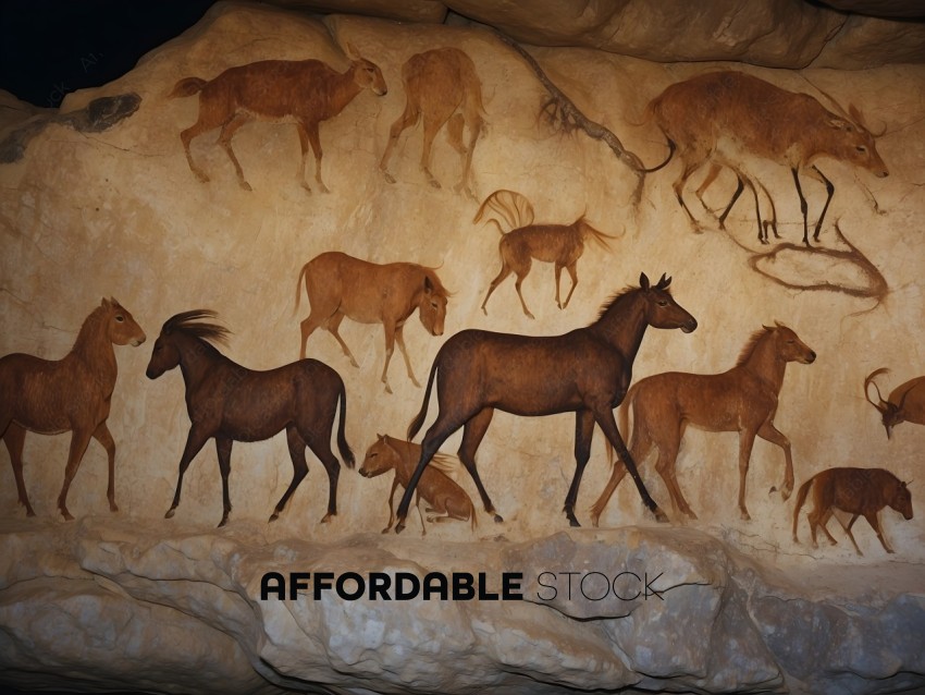 A painting of wild animals on a rock