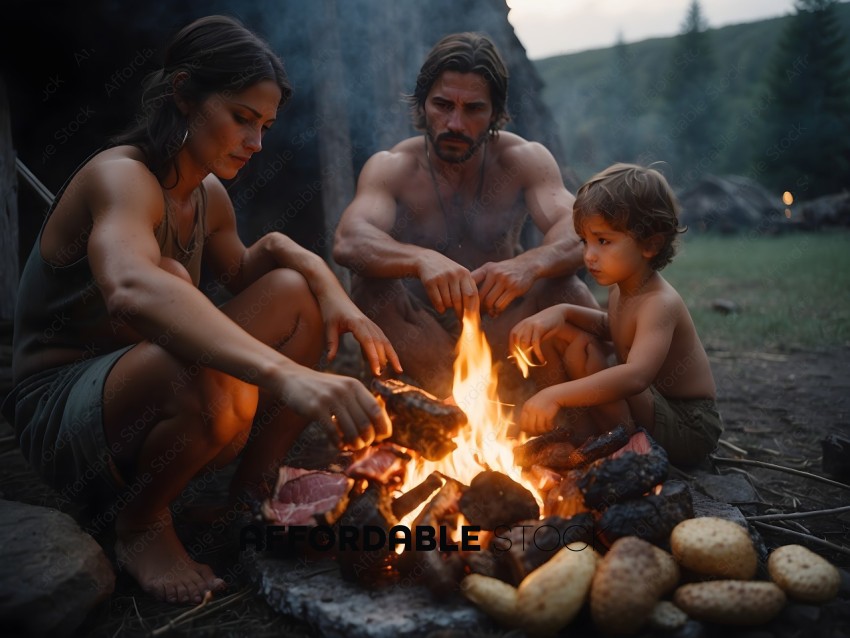 A family of three sitting around a fire pit
