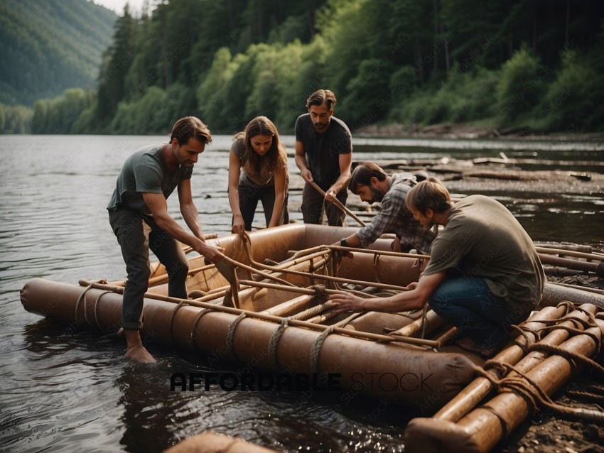 A group of people are working together to build a boat