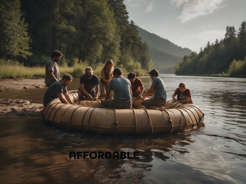 Group of people on a raft in the middle of a river
