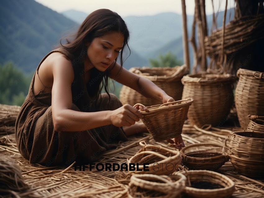 A woman wearing a brown dress is sitting on the ground and making a woven basket