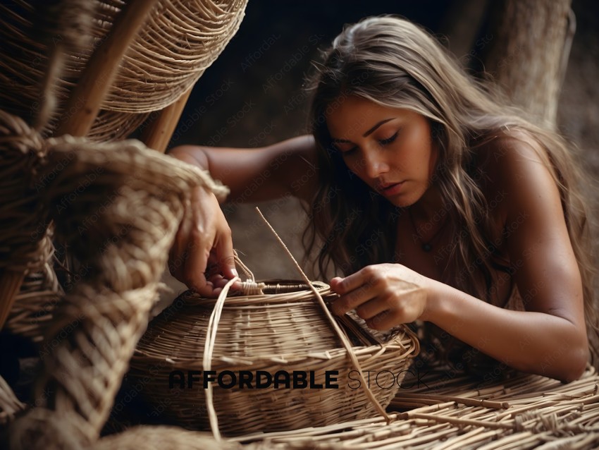 A woman weaving a basket with natural materials