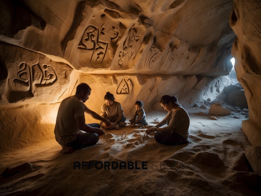 A group of people sitting in a cave, playing a game
