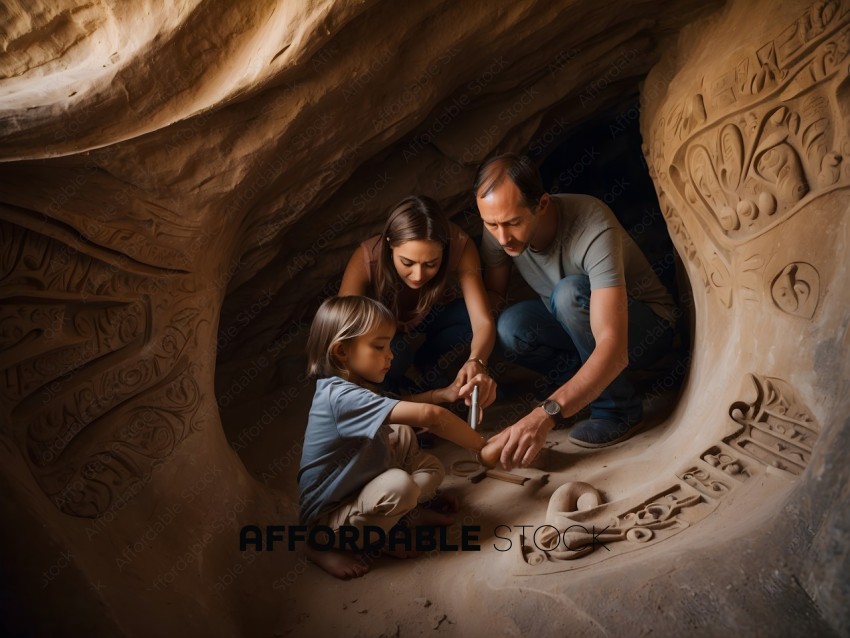 A man and a woman are helping a young boy carve a design into a rock